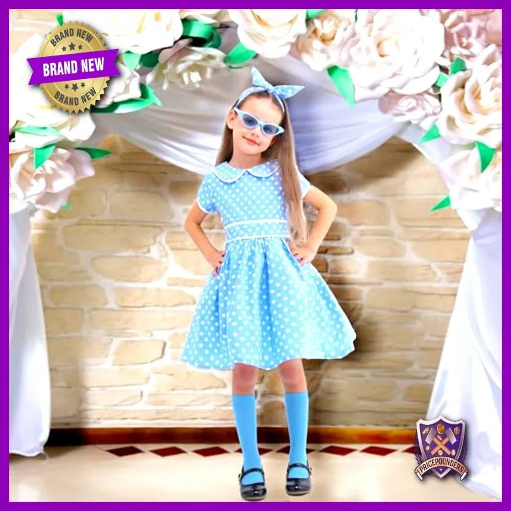 Retro Polka Dot Dress Costume Set with Headband Glasses Socks Vintage Style